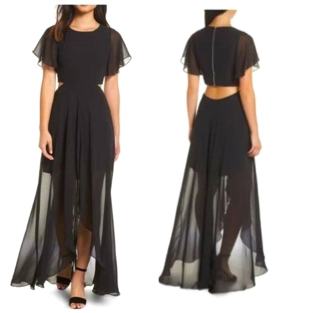 Ali & Jay black cut out dress. Slip with sheer overlay.